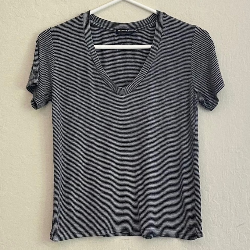 Brandy Melville Navy & Gray Striped V-Neck Tee OS